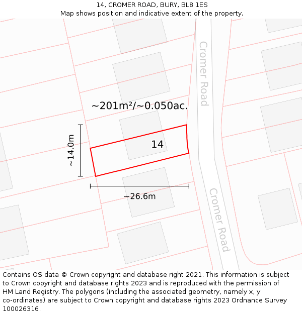 14, CROMER ROAD, BURY, BL8 1ES: Plot and title map