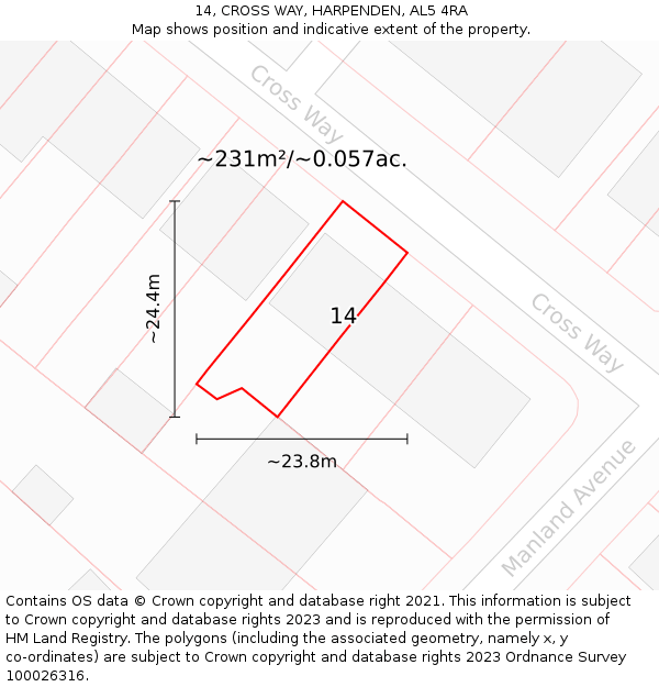 14, CROSS WAY, HARPENDEN, AL5 4RA: Plot and title map