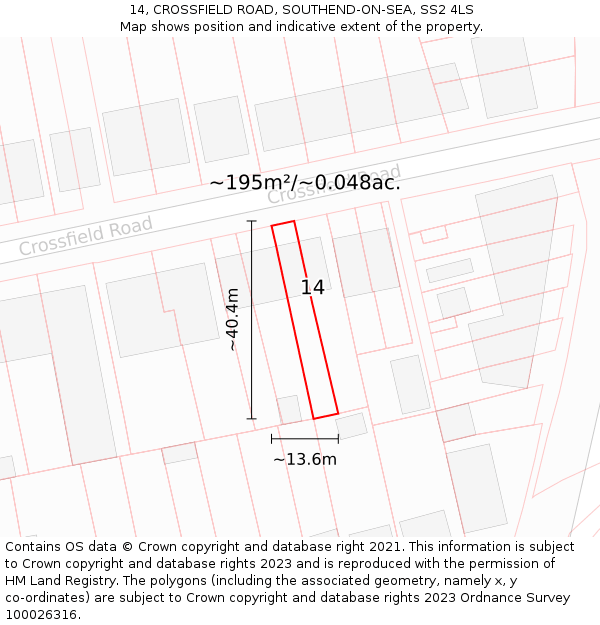 14, CROSSFIELD ROAD, SOUTHEND-ON-SEA, SS2 4LS: Plot and title map