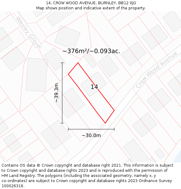 14, CROW WOOD AVENUE, BURNLEY, BB12 0JG: Plot and title map