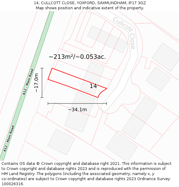 14, CULLCOTT CLOSE, YOXFORD, SAXMUNDHAM, IP17 3GZ: Plot and title map