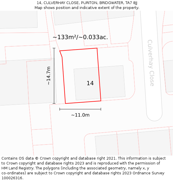 14, CULVERHAY CLOSE, PURITON, BRIDGWATER, TA7 8JJ: Plot and title map