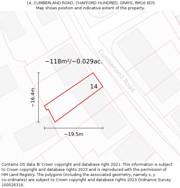 14, CUMBERLAND ROAD, CHAFFORD HUNDRED, GRAYS, RM16 6DS: Plot and title map