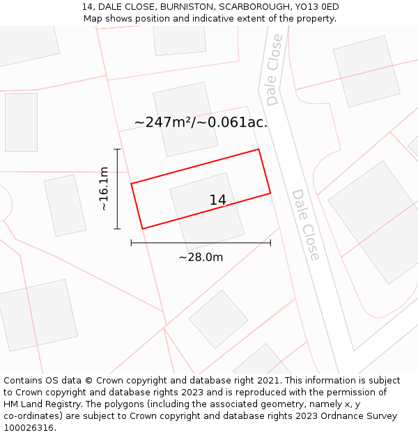 14, DALE CLOSE, BURNISTON, SCARBOROUGH, YO13 0ED: Plot and title map