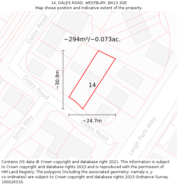 14, DALES ROAD, WESTBURY, BA13 3GE: Plot and title map