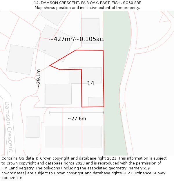 14, DAMSON CRESCENT, FAIR OAK, EASTLEIGH, SO50 8RE: Plot and title map