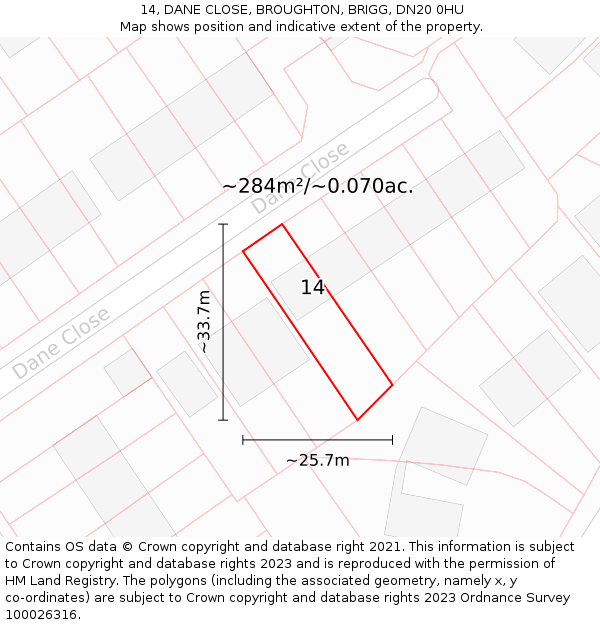 14, DANE CLOSE, BROUGHTON, BRIGG, DN20 0HU: Plot and title map