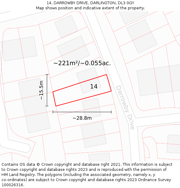 14, DARROWBY DRIVE, DARLINGTON, DL3 0GY: Plot and title map