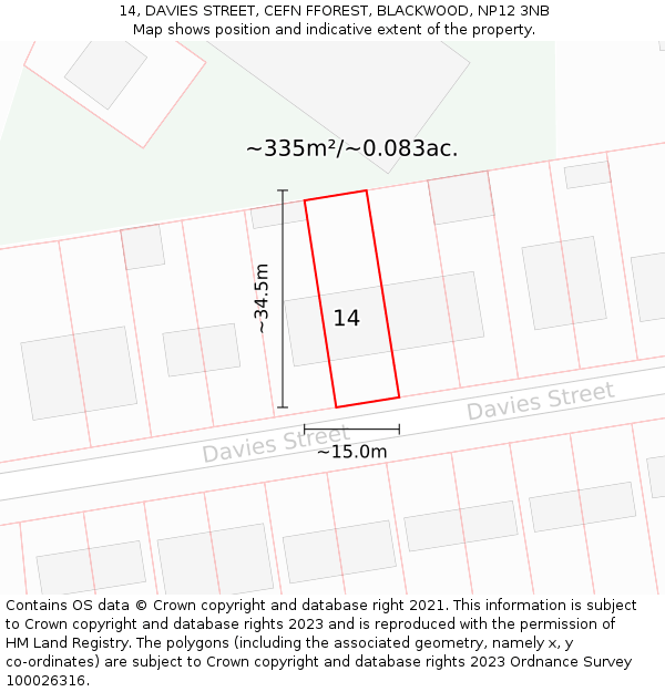 14, DAVIES STREET, CEFN FFOREST, BLACKWOOD, NP12 3NB: Plot and title map