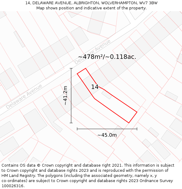 14, DELAWARE AVENUE, ALBRIGHTON, WOLVERHAMPTON, WV7 3BW: Plot and title map