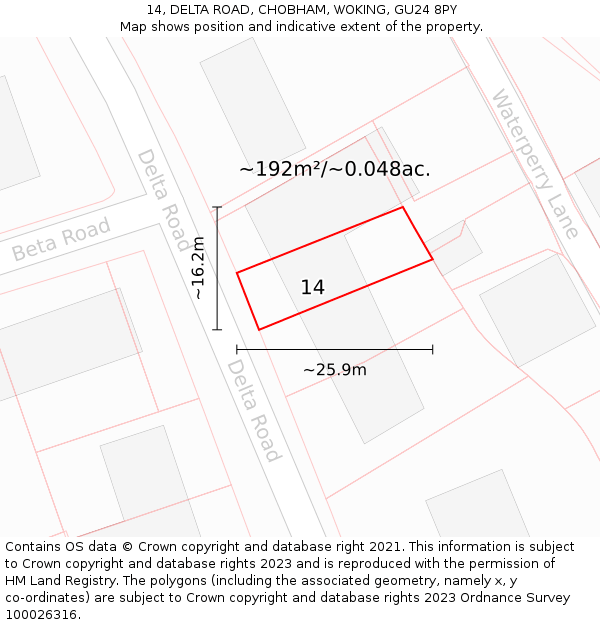 14, DELTA ROAD, CHOBHAM, WOKING, GU24 8PY: Plot and title map