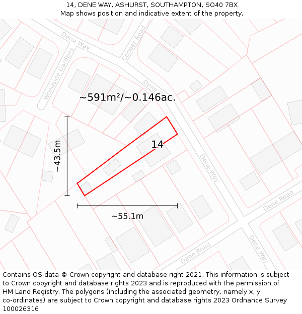 14, DENE WAY, ASHURST, SOUTHAMPTON, SO40 7BX: Plot and title map