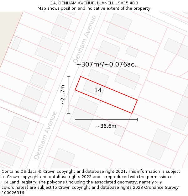 14, DENHAM AVENUE, LLANELLI, SA15 4DB: Plot and title map