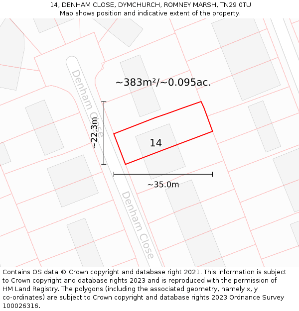 14, DENHAM CLOSE, DYMCHURCH, ROMNEY MARSH, TN29 0TU: Plot and title map