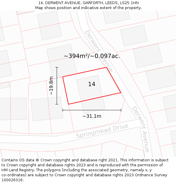 14, DERWENT AVENUE, GARFORTH, LEEDS, LS25 1HN: Plot and title map