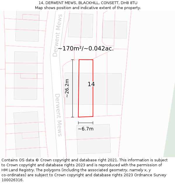 14, DERWENT MEWS, BLACKHILL, CONSETT, DH8 8TU: Plot and title map