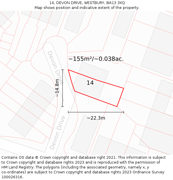 14, DEVON DRIVE, WESTBURY, BA13 3XQ: Plot and title map