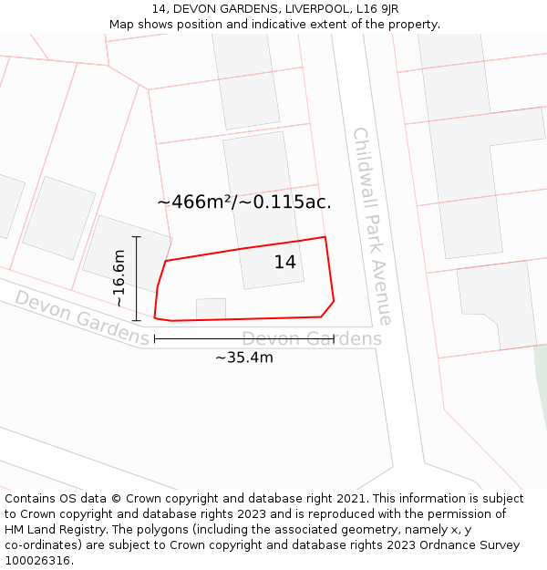 14, DEVON GARDENS, LIVERPOOL, L16 9JR: Plot and title map