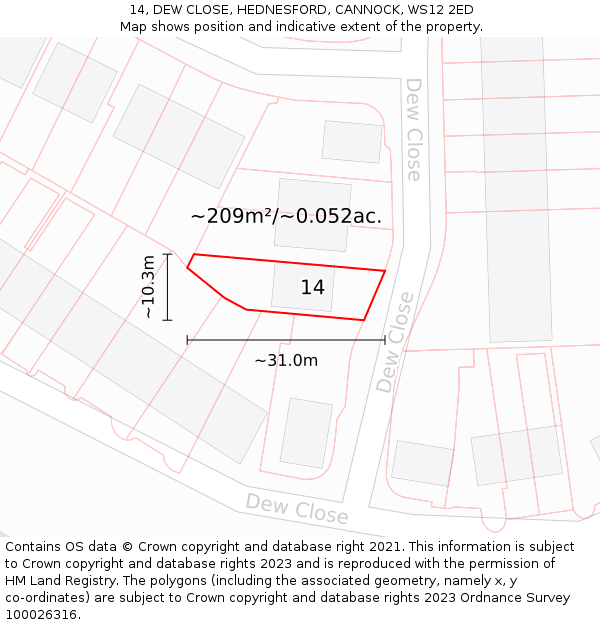 14, DEW CLOSE, HEDNESFORD, CANNOCK, WS12 2ED: Plot and title map