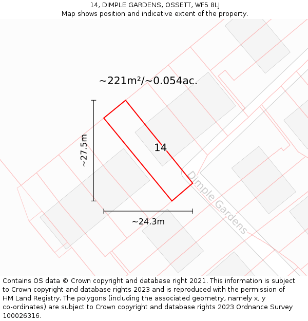 14, DIMPLE GARDENS, OSSETT, WF5 8LJ: Plot and title map