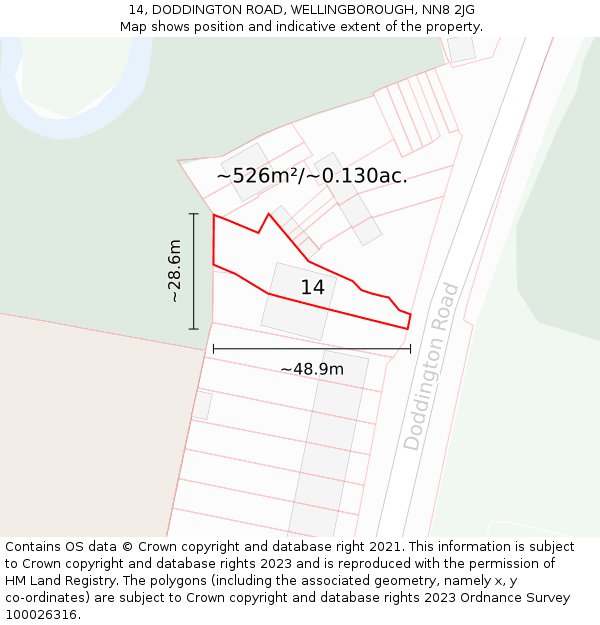 14, DODDINGTON ROAD, WELLINGBOROUGH, NN8 2JG: Plot and title map