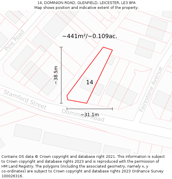 14, DOMINION ROAD, GLENFIELD, LEICESTER, LE3 8FA: Plot and title map