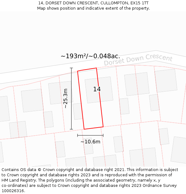 14, DORSET DOWN CRESCENT, CULLOMPTON, EX15 1TT: Plot and title map