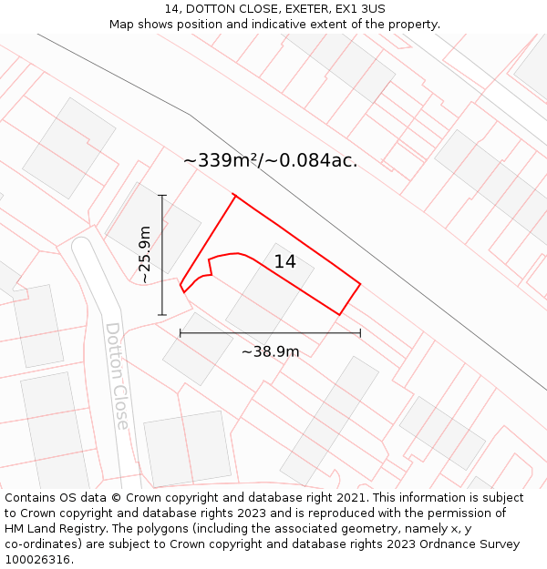 14, DOTTON CLOSE, EXETER, EX1 3US: Plot and title map