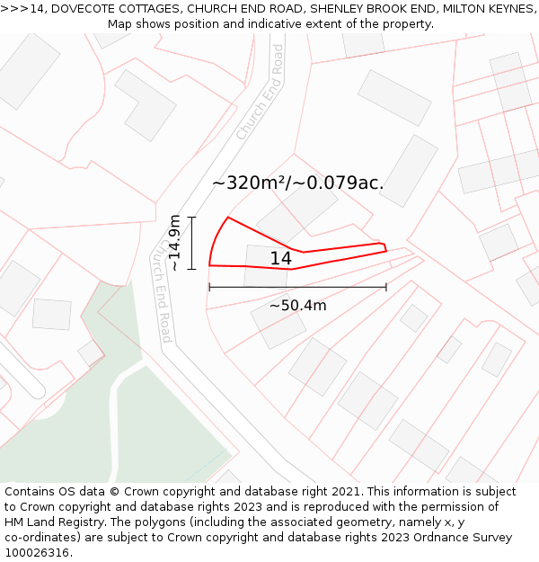 14, DOVECOTE COTTAGES, CHURCH END ROAD, SHENLEY BROOK END, MILTON KEYNES, MK5 7AA: Plot and title map