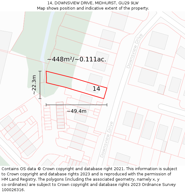 14, DOWNSVIEW DRIVE, MIDHURST, GU29 9LW: Plot and title map