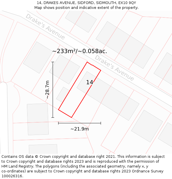 14, DRAKES AVENUE, SIDFORD, SIDMOUTH, EX10 9QY: Plot and title map