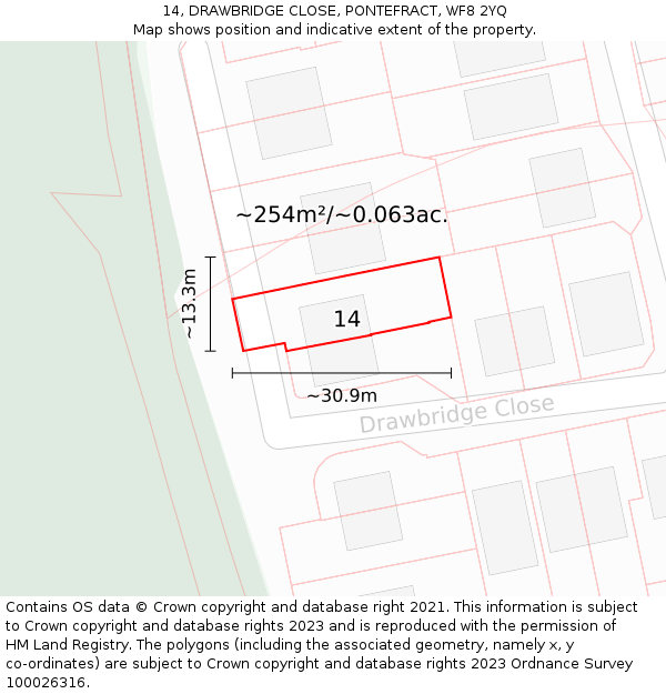 14, DRAWBRIDGE CLOSE, PONTEFRACT, WF8 2YQ: Plot and title map
