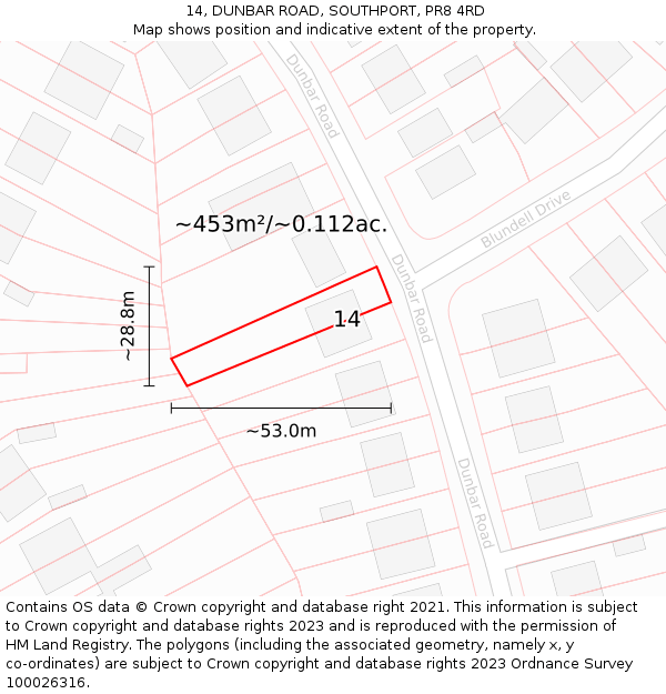 14, DUNBAR ROAD, SOUTHPORT, PR8 4RD: Plot and title map