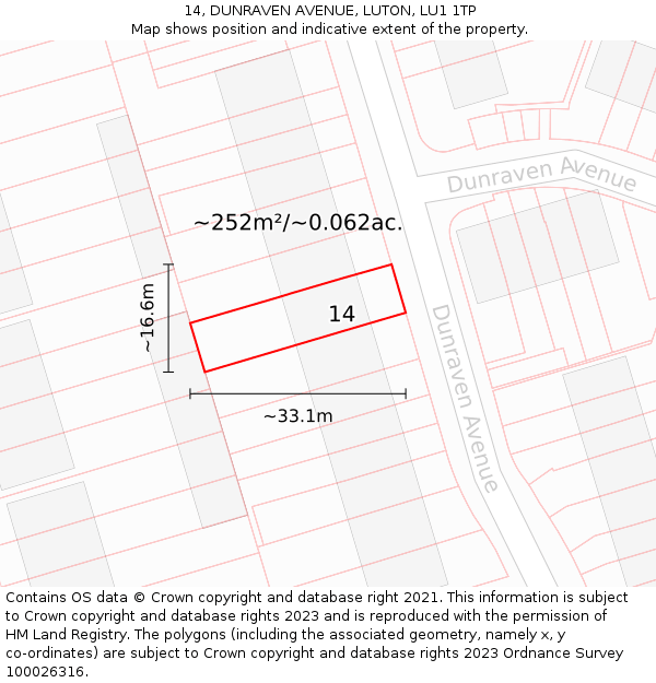 14, DUNRAVEN AVENUE, LUTON, LU1 1TP: Plot and title map