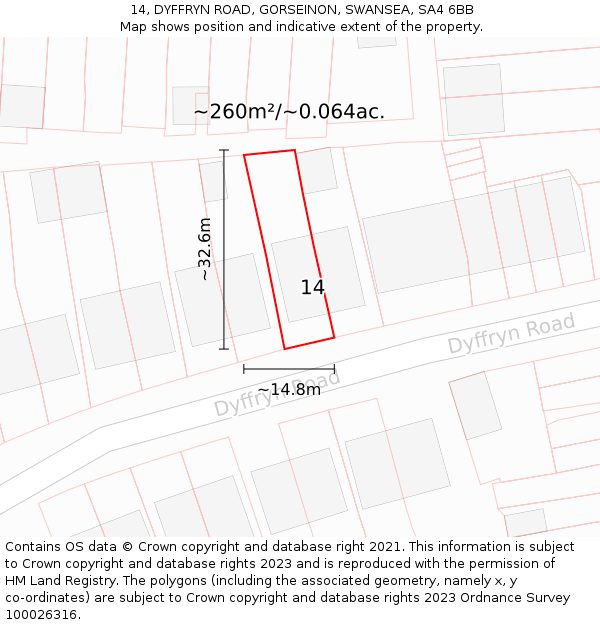 14, DYFFRYN ROAD, GORSEINON, SWANSEA, SA4 6BB: Plot and title map