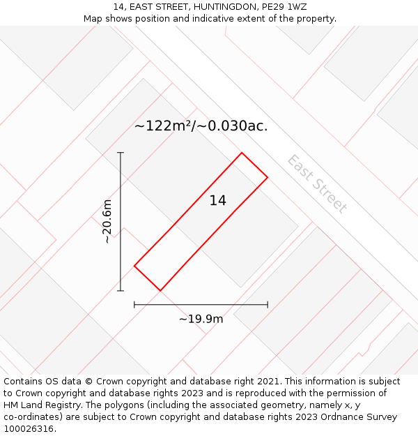 14, EAST STREET, HUNTINGDON, PE29 1WZ: Plot and title map