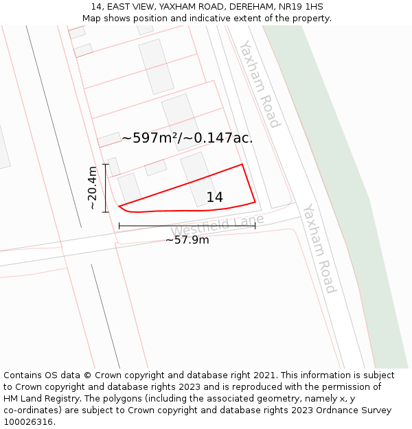 14, EAST VIEW, YAXHAM ROAD, DEREHAM, NR19 1HS: Plot and title map