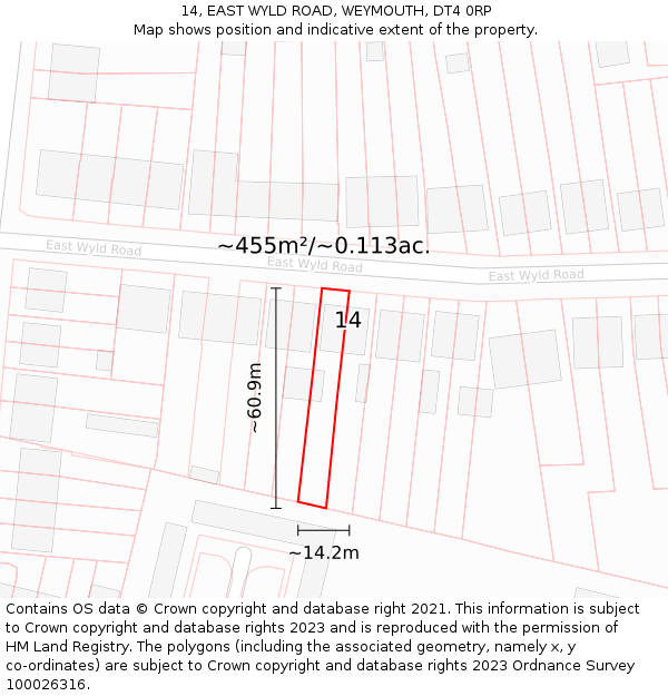 14, EAST WYLD ROAD, WEYMOUTH, DT4 0RP: Plot and title map