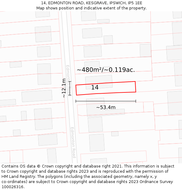 14, EDMONTON ROAD, KESGRAVE, IPSWICH, IP5 1EE: Plot and title map