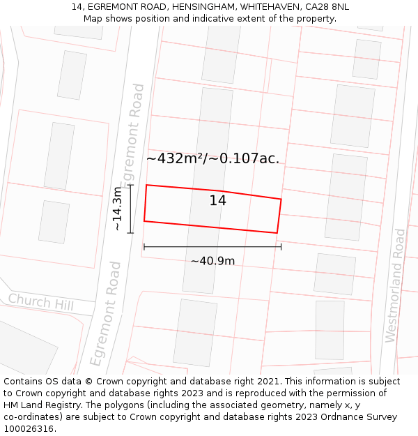 14, EGREMONT ROAD, HENSINGHAM, WHITEHAVEN, CA28 8NL: Plot and title map