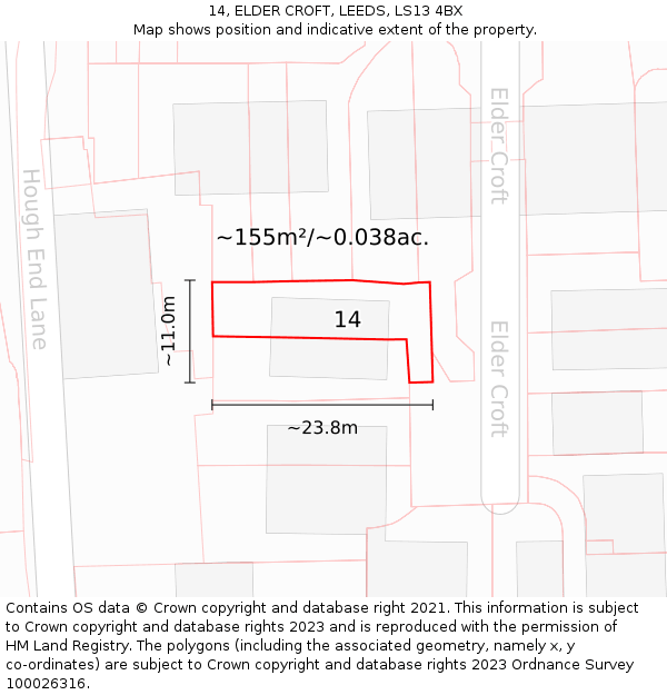 14, ELDER CROFT, LEEDS, LS13 4BX: Plot and title map