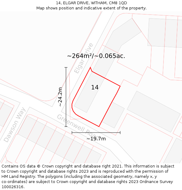 14, ELGAR DRIVE, WITHAM, CM8 1QD: Plot and title map