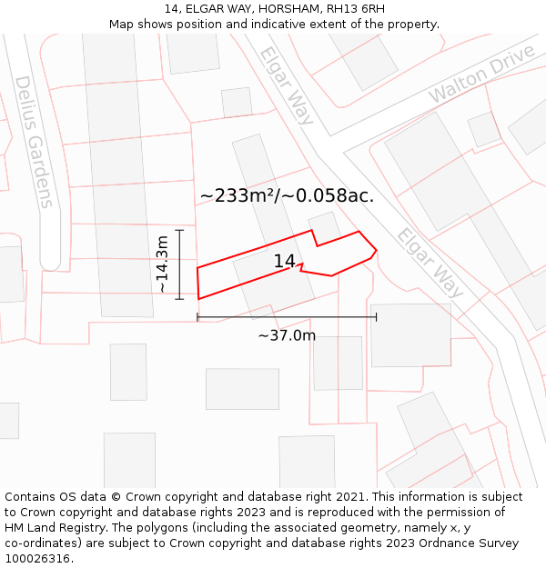 14, ELGAR WAY, HORSHAM, RH13 6RH: Plot and title map