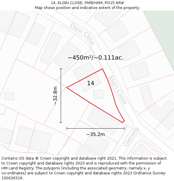 14, ELGIN CLOSE, FAREHAM, PO15 6AW: Plot and title map