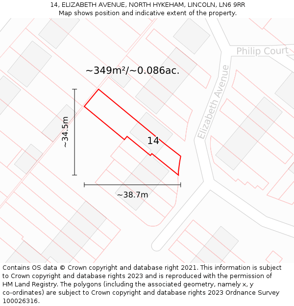 14, ELIZABETH AVENUE, NORTH HYKEHAM, LINCOLN, LN6 9RR: Plot and title map