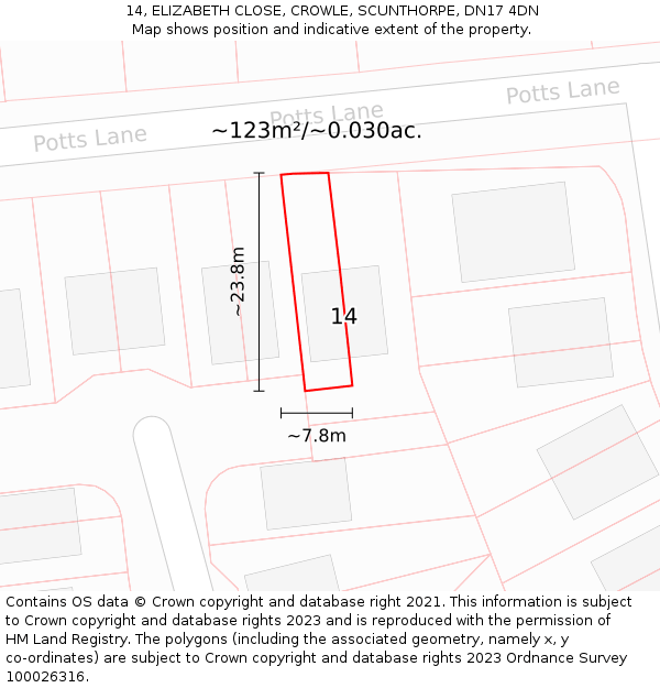14, ELIZABETH CLOSE, CROWLE, SCUNTHORPE, DN17 4DN: Plot and title map