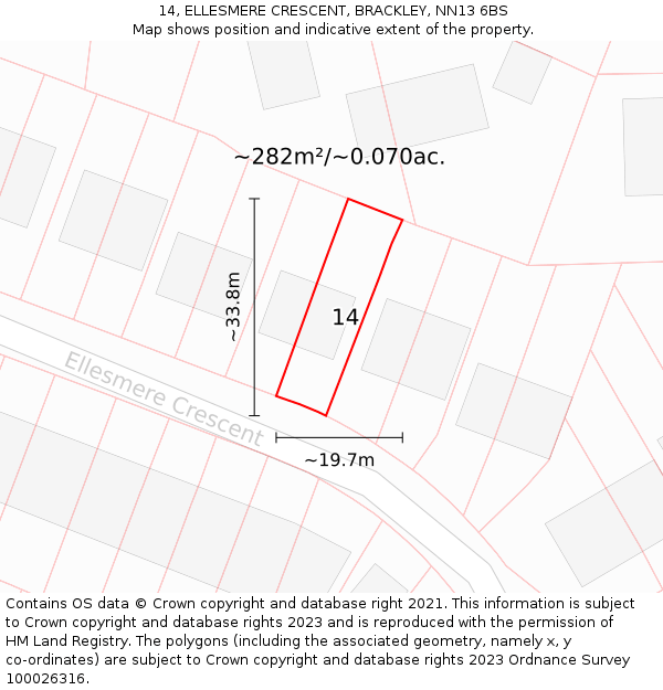 14, ELLESMERE CRESCENT, BRACKLEY, NN13 6BS: Plot and title map