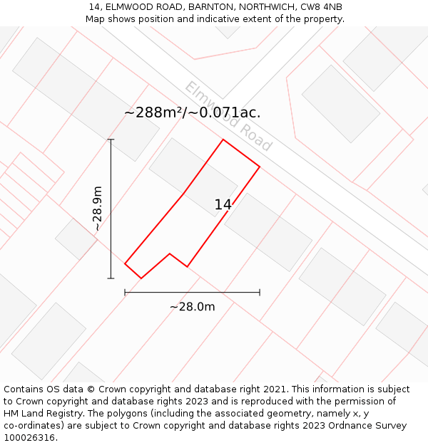 14, ELMWOOD ROAD, BARNTON, NORTHWICH, CW8 4NB: Plot and title map