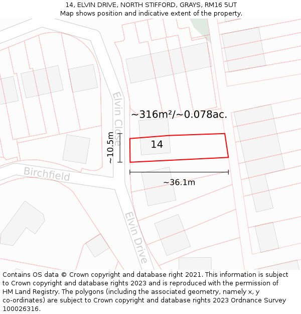 14, ELVIN DRIVE, NORTH STIFFORD, GRAYS, RM16 5UT: Plot and title map