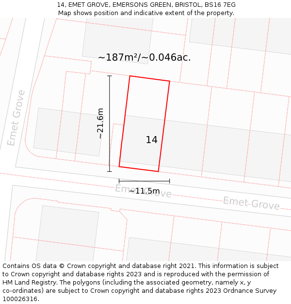 14, EMET GROVE, EMERSONS GREEN, BRISTOL, BS16 7EG: Plot and title map